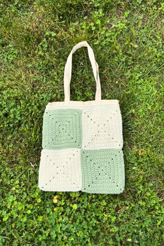 Green & Cream Crochet Tote Bag - One of a Kind